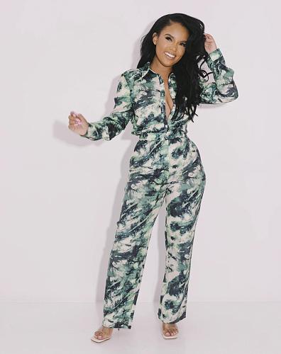 Women Tie Dye Print Streetwear Long Sleeve Turn Down Collar Shirt Straight Pants Autumn 2 Piece Set SFY-2127