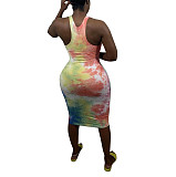 Elegant Women Sexy Tie Dye Print Sleeveless Basic Vest Tank Bodycon Midi Dress HMS-5486