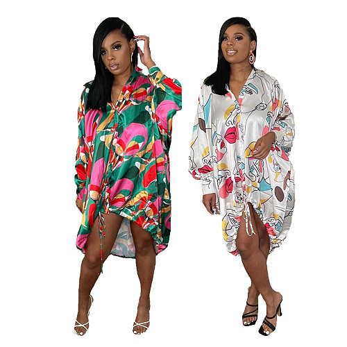 2021 Women Clothing Summer Long Sleeve Satin Material Popular Lapel Loose Irregular Shirt Midi Dress SFY-2122