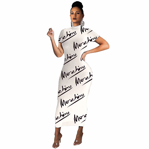 Plus Size Letters Print Short Sleeve O Neck Summer Elegant Women Clothing Party Long Maxi Dress BNY-7053