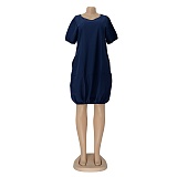 Lovely Solid Color Short Sleeved Round Neck Lantern Dress AIL-107