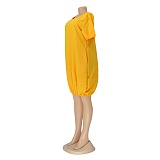 Lovely Solid Color Short Sleeved Round Neck Lantern Dress AIL-107
