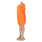 Lovely Solid Color Short Sleeved Round Neck Lantern Dress AIL-107