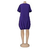 Lovely Solid Color Short Sleeved Round Neck Lantern Dress AIL-107