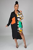 Hot Sell Fashion Women Single-Breasted Long Sleeve Printed Patchwork Loose Maxi Shirt Dress DY-6954