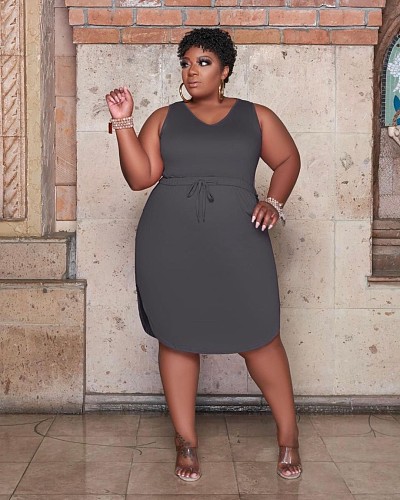 Plus Size Summer Women Clothing Solid Color Sleeveless V Neck Lace Up Side Slit Casual Midi Dress PN-6727