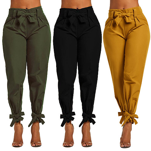 Casual Women Slim Fit Streetwear Solid Color Lace Up High Waist Fashion Cargo Trousers Pencil Pants OD-8290