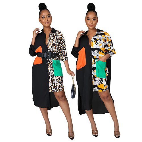 Hot Sell Fashion Women Single-Breasted Long Sleeve Printed Patchwork Loose Maxi Shirt Dress DY-6954