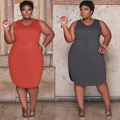 Plus Size Summer Women Clothing Solid Color Sleeveless V Neck Lace Up Side Slit Casual Midi Dress PN-6727