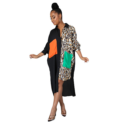 Hot Sell Fashion Women Single-Breasted Long Sleeve Printed Patchwork Loose Maxi Shirt Dress DY-6954