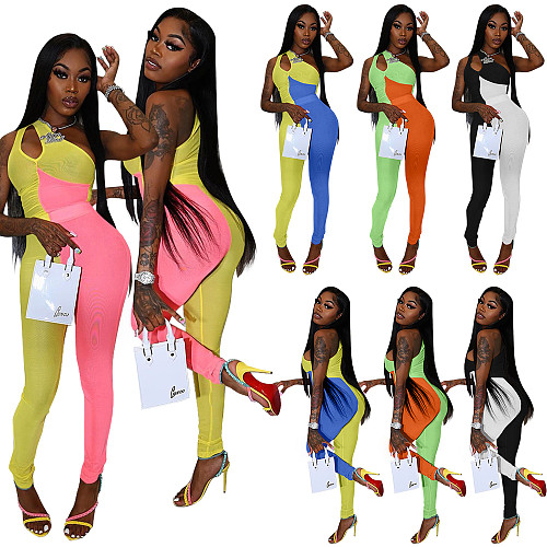 Sexy One Shoulder Sleeveless Color Block Patchwork Elasticity Bodycon Women One Piece Jumpsuit XING-070