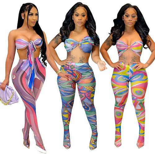 Women's Sexy Streetwear Print Halter Crop Tops Pencil Pants Bodycon Club Two Piece Set LSD-81008