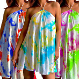Sexy Women Print Tie Dye Halter Sleeveless Backless Party Night Beach Clothes Summer Mini Dress ZAND-31157