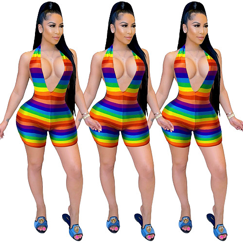 Sexy Rainbow Stripe Print Women Deep V Halter Sleeveless Bodycon Nightclub Party One Piece Romper ML-7451