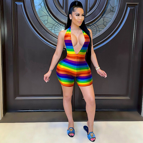 Sexy Rainbow Stripe Print Women Deep V Halter Sleeveless Bodycon Nightclub Party One Piece Romper ML-7451