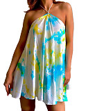 Sexy Women Print Tie Dye Halter Sleeveless Backless Party Night Beach Clothes Summer Mini Dress ZAND-31157