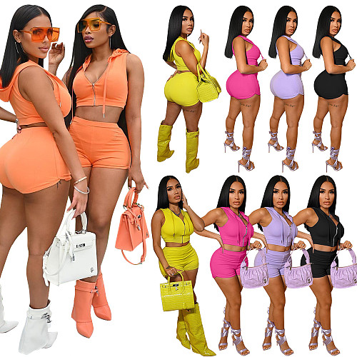 2021 Summer Sportswear Solid Hooded Zipper Crop Top Casual Biker Shorts Two Piece Matching Sets XING-071