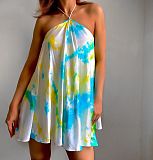 Sexy Women Print Tie Dye Halter Sleeveless Backless Party Night Beach Clothes Summer Mini Dress ZAND-31157