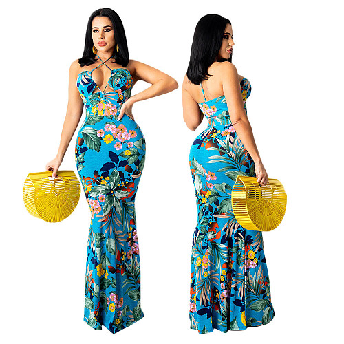 Elegant Summer Clothing Floral Print Sleeveless Halter Backless Bodycon Beach Party Maxi Dresses DY-6671