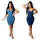 Summer Vintage Print V Neck Stretch Spaghetti Strap Back Zipper Bodycon Woman Mini Denim Dress LX-3007