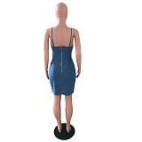 Summer Vintage Print V Neck Stretch Spaghetti Strap Back Zipper Bodycon Woman Mini Denim Dress LX-3007