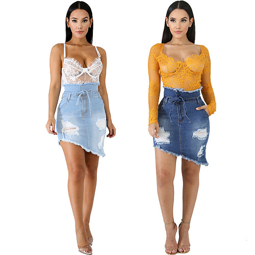 Summer New Women's Pocket Hole Tassel Stretch Fit Irregular Frayed Hem Denim Jean Lady Skirt HSF-2574