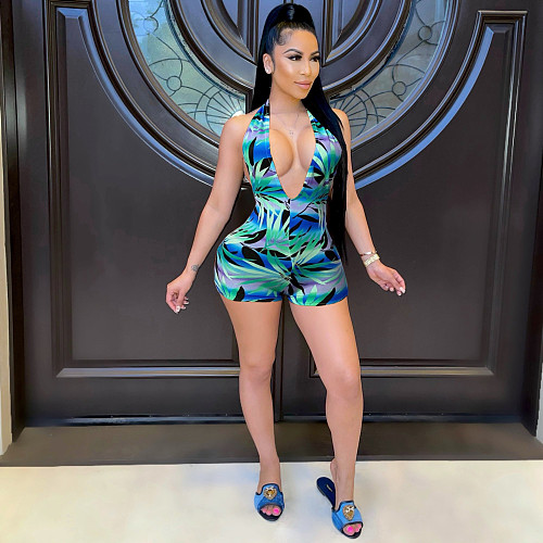 Summer 2021 Sexy Printed Deep V Halter Backless Women Fashion Club Party One Piece Rompers ML-7450