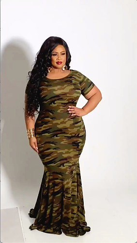 Plus Size Elegant Women Vintage Short Sleeve Camouflage Print Summer Bodycon Long Maxi Dress TB-5323