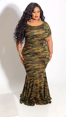 Plus Size Elegant Women Vintage Short Sleeve Camouflage Print Summer Bodycon Long Maxi Dress TB-5323