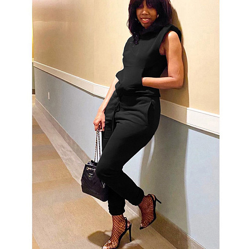 Women Solid Tracksuit Casual Shoulder Pads Hooded Sweatshirt Pants Autumn Sports Two Piece Set MAE-2114