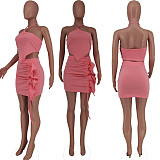 New Arrival Sexy Solid Halter Neck Strapless Crop Tops Ruffles Mini Skirt Club Two Piece Sets ZAND-31158