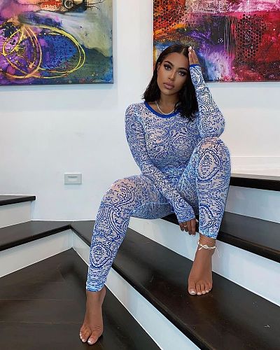Sexy Mesh See Through Print Women Autumn Long Sleeve Bodysuit Pants Streetwear 2 Piece Set XING-017