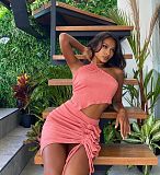 New Arrival Sexy Solid Halter Neck Strapless Crop Tops Ruffles Mini Skirt Club Two Piece Sets ZAND-31158