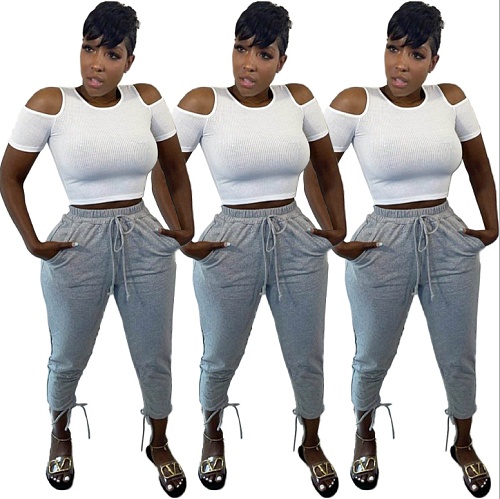 Summer Women Fitness Clothing Solid Color Cotton Casual Lace Up Running Sports Sweatpants MDF-5250