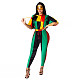 Contrast Color Fashion Women Short Sleeve Hooded T Shirt Slim Fit Long Pants Two Piece Set YMT-6226