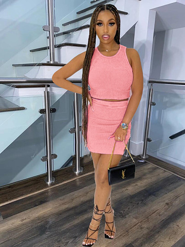 Fashion Solid Color Sleeveless O Neck Crop Tops Mini Skirt Bodycon Two Piece Set LSD-81009