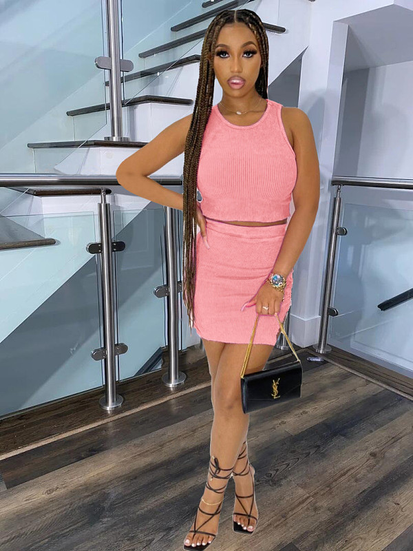 Fashion Solid Color Sleeveless O Neck Crop Tops Mini Skirt Bodycon Two Piece Set LSD-81009