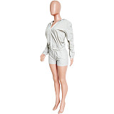 2021 Spring New Long Sleeve Hooded Sunscreen Coat Drawstring Elastic Shorts Two Piece Set Women HMS-5491
