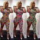 2021 Summer Women Sexy Short Sleeve Poker Printed Asymmetric Cut Out Nightclub Bodycon Jumpsuit MAE-2112