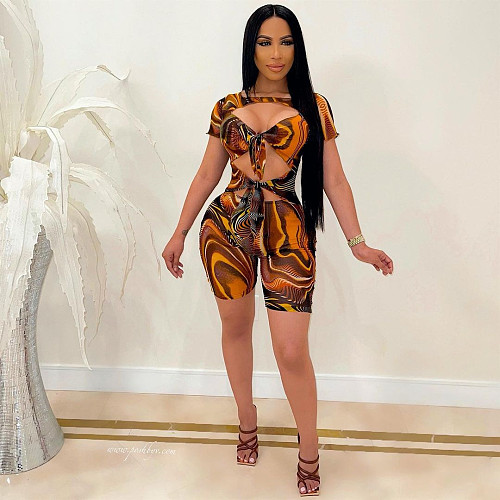 Summer Women Clothing Sexy Print Lace Up Hollow Out Short Sleeve Clubwear Bodycon Rompers NK-8610