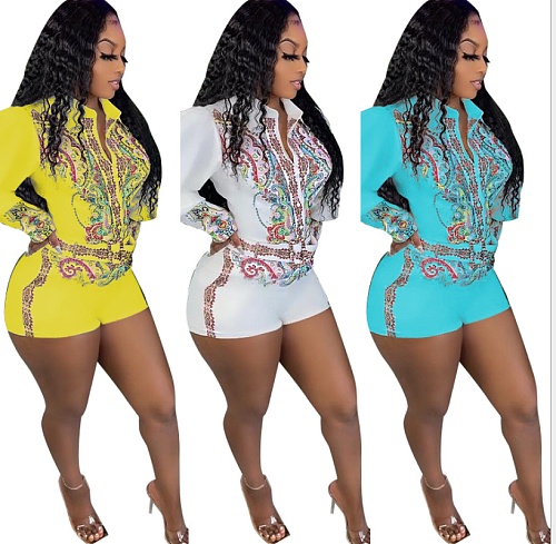 Autumn Women Paisley Print Turn Down Collar Long Sleeve Pockets Casual Shirt Rompers With Belt MEM-88379
