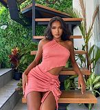 New Arrival Sexy Solid Halter Neck Strapless Crop Tops Ruffles Mini Skirt Club Two Piece Sets ZAND-31158