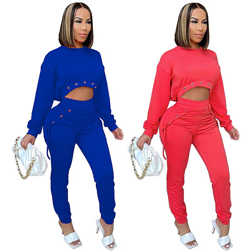 Casual Solid Color Eyelet Long Sleeve O Neck Crop Top Elasticity Bandage Leggings Two Piece Pants Set MDF-5249