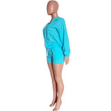 2021 Spring New Long Sleeve Hooded Sunscreen Coat Drawstring Elastic Shorts Two Piece Set Women HMS-5491