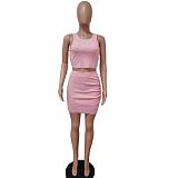 Fashion Solid Color Sleeveless O Neck Crop Tops Mini Skirt Bodycon Two Piece Set LSD-81009