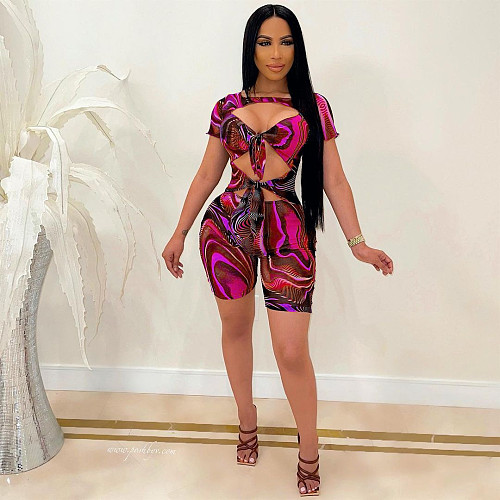 Summer Women Clothing Sexy Print Lace Up Hollow Out Short Sleeve Clubwear Bodycon Rompers NK-8610