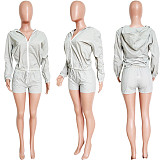 2021 Spring New Long Sleeve Hooded Sunscreen Coat Drawstring Elastic Shorts Two Piece Set Women HMS-5491