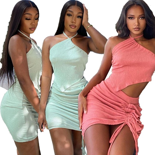 New Arrival Sexy Solid Halter Neck Strapless Crop Tops Ruffles Mini Skirt Club Two Piece Sets ZAND-31158