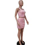 Fashion Solid Color Sleeveless O Neck Crop Tops Mini Skirt Bodycon Two Piece Set LSD-81009