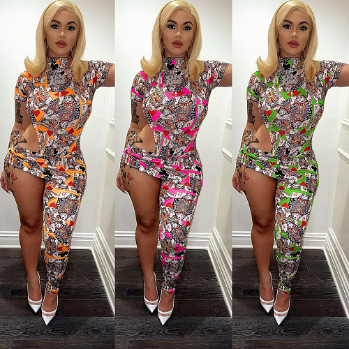 2021 Summer Women Sexy Short Sleeve Poker Printed Asymmetric Cut Out Nightclub Bodycon Jumpsuit MAE-2112